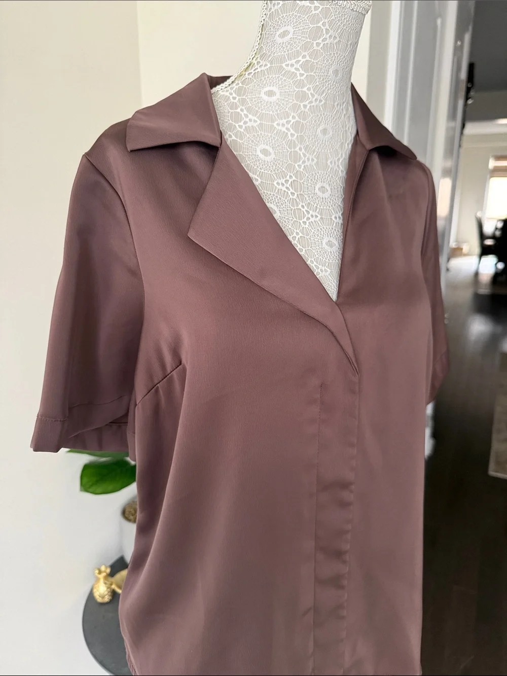 Satin Short Sleeve Button-Front Blouse in Mauve Brown - Picture 2 of 3